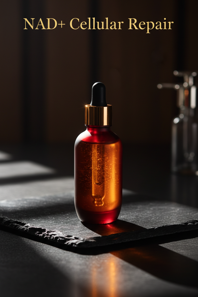 Nuvea NAD+ Firming Serum hero shot - dark moody cinematic with gold lighting