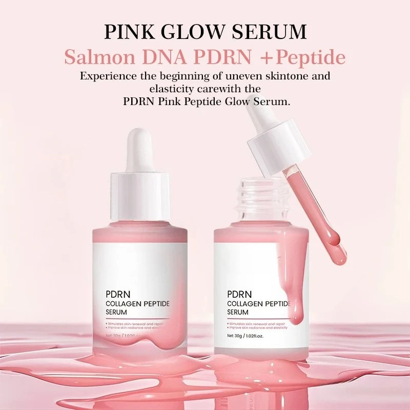 PDRN Collagen Peptide Serum 30ml — two bottles with pink serum drip